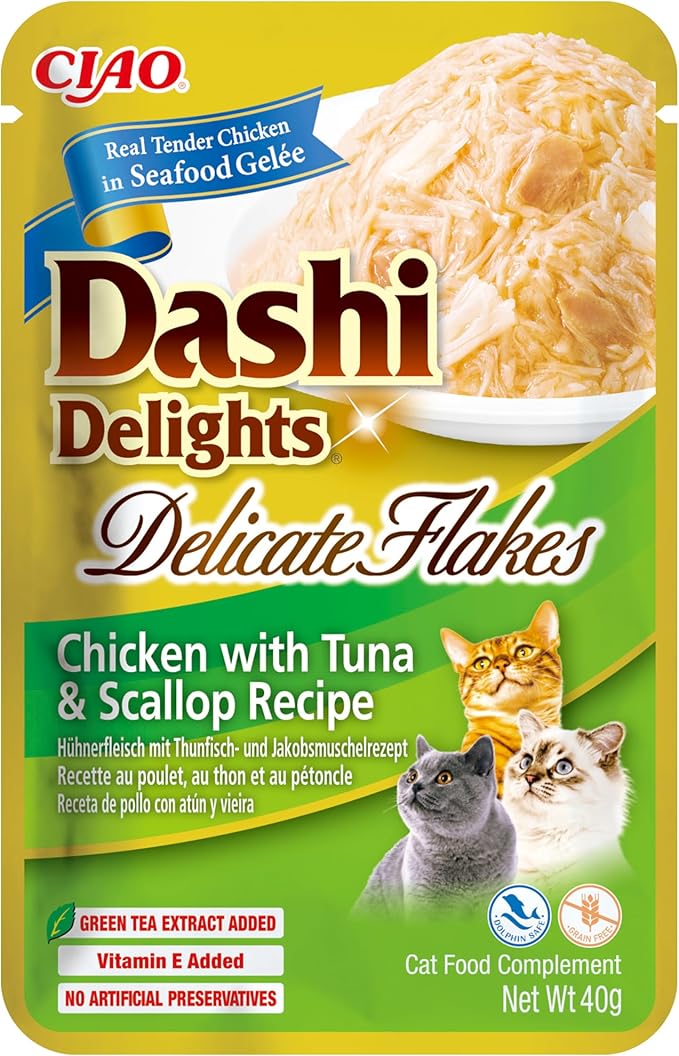 INABA DASHI DELIGHTS DELICATE FLAKES CHICKEN TUNA AND SCALLOP 40G