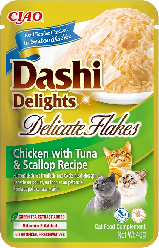 INABA DASHI DELIGHTS DELICATE FLAKES CHICKEN TUNA AND SCALLOP 40G